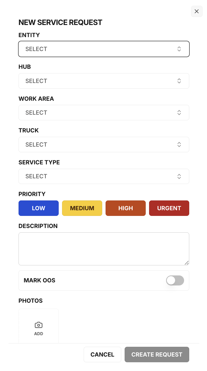 Logik new fleet service request form showing vehicle, service type, priority, description, out-of-service status, and photo fields.