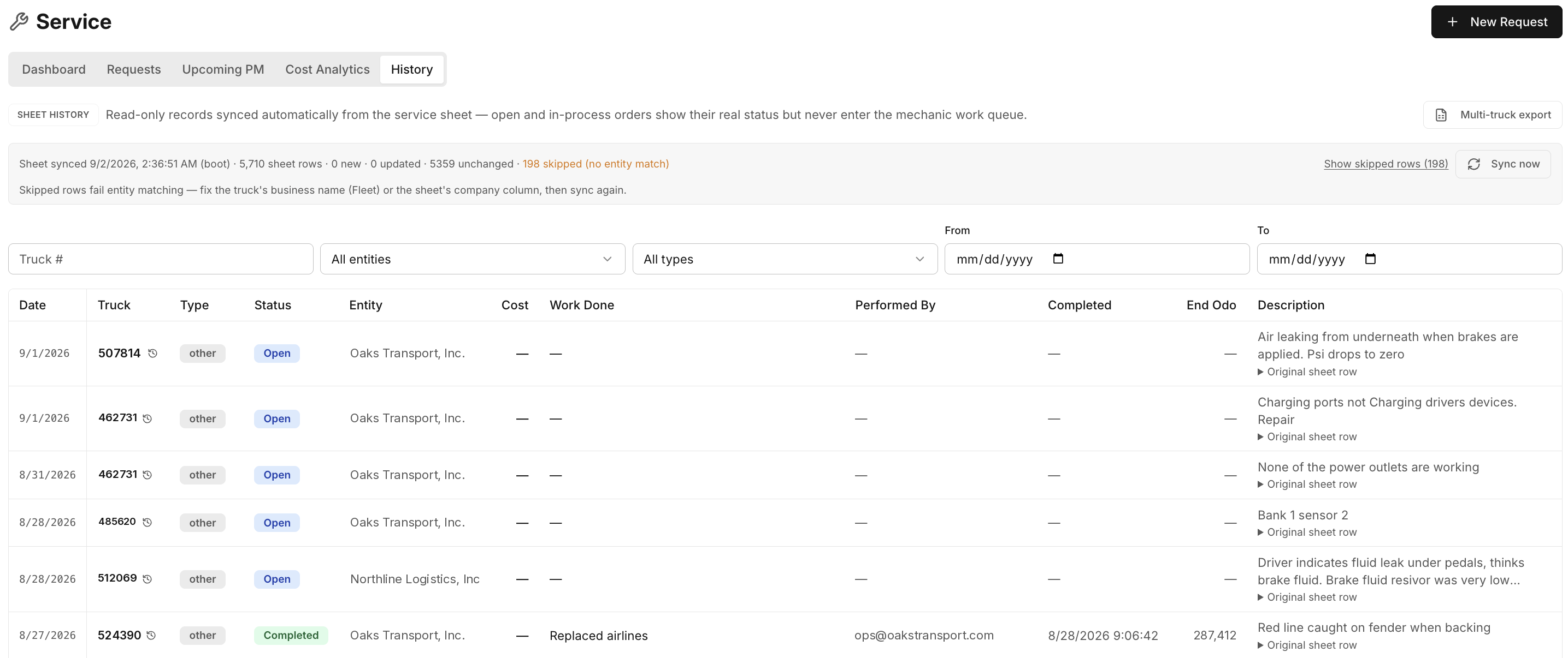 Logik fleet service history showing dated work records, repair status, cost, work performed, and odometer readings.